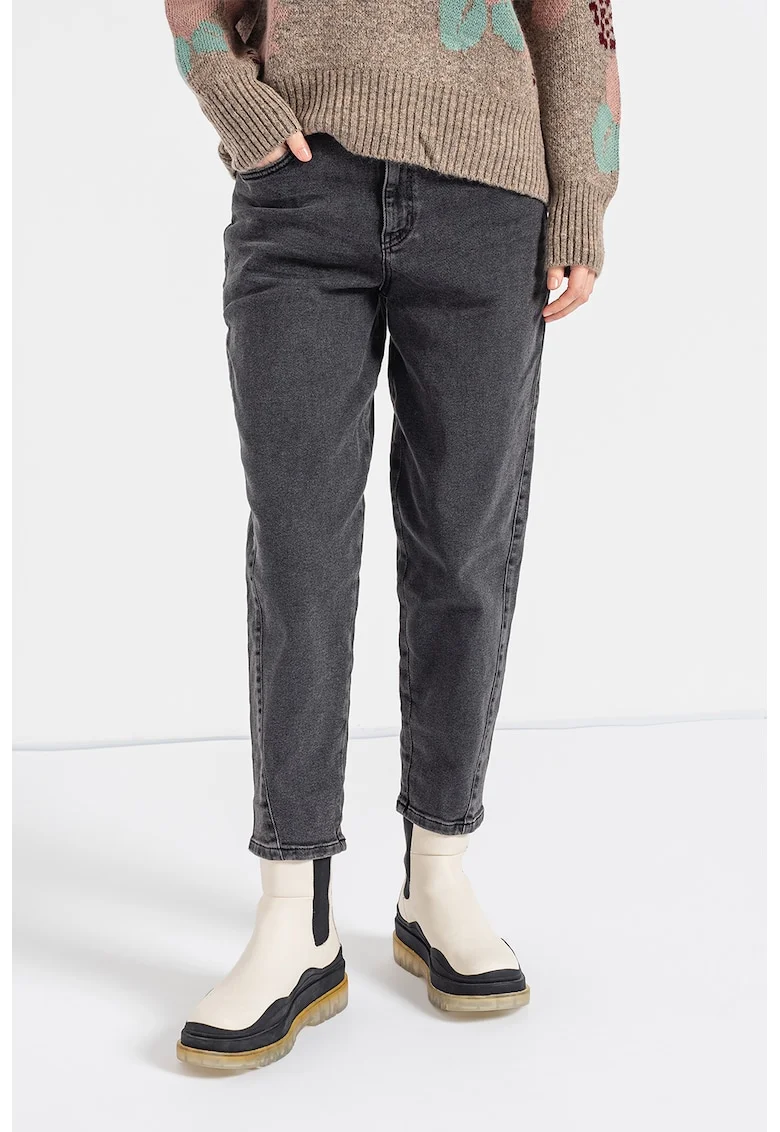 Blugi crop mom cu talie inalta, Gri inchis