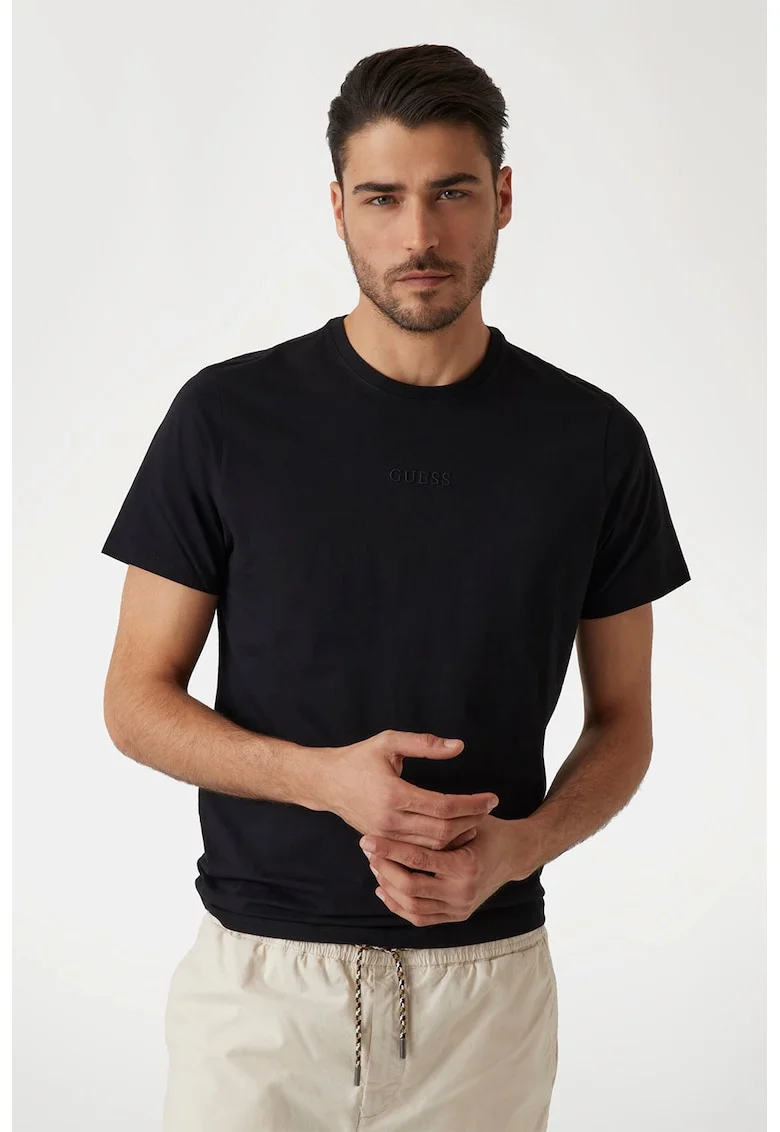 Tricou din bumbac cu decolteu la baza gatului, Negru