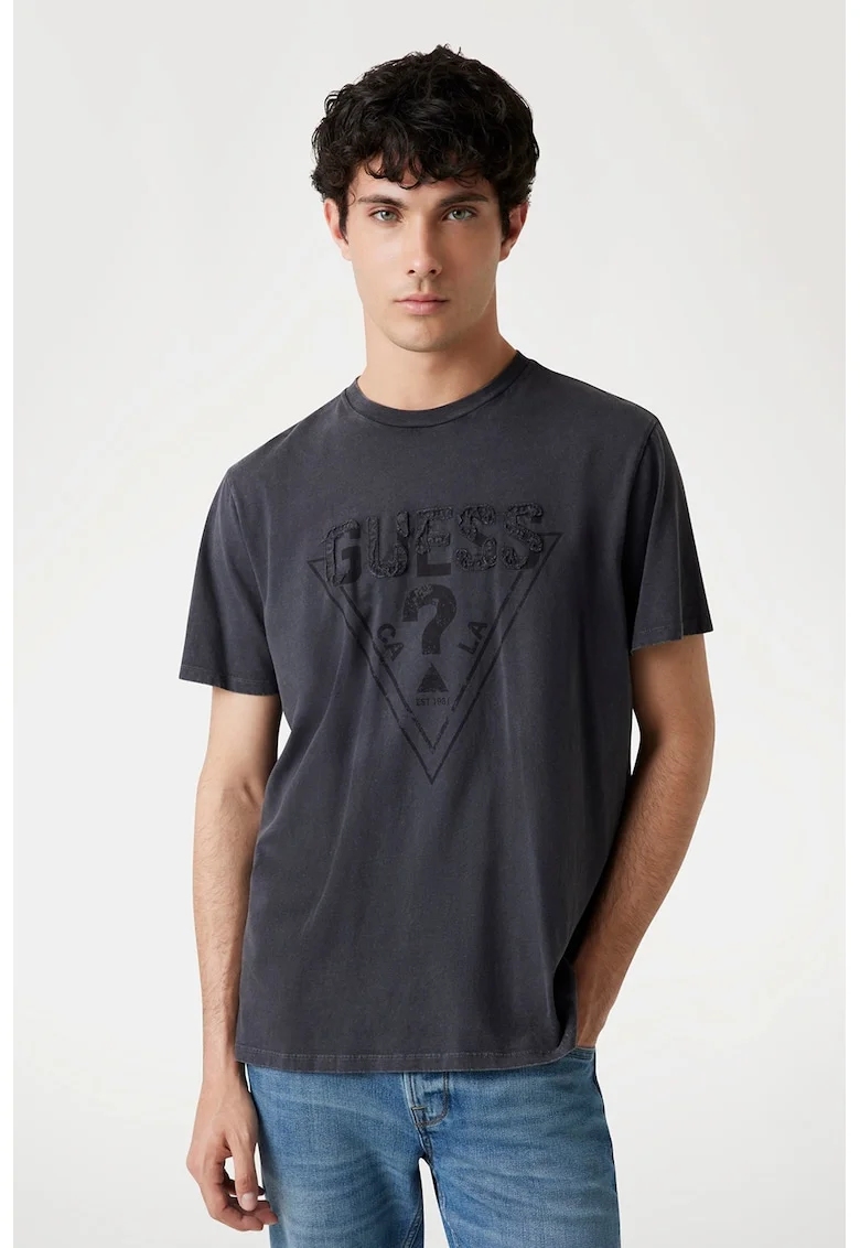 Tricou de bumbac cu aplicatie logo, Negru stins