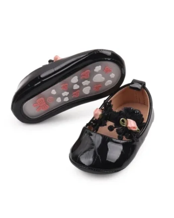 Pantofi  Model AL 13783 cu trandafirasi roz, Piele lacuita, Fete, Negru