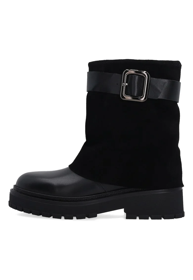 Cizme biker din piele, cu garnitura de piele intoarsa