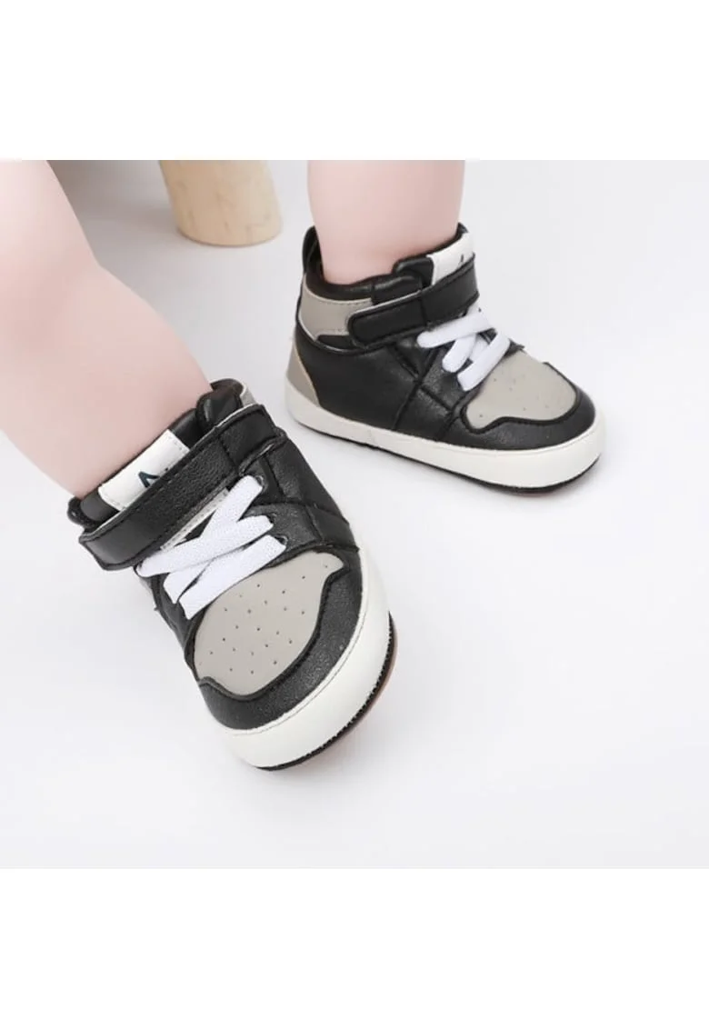 Pantofi sport inalti  Model AL 19105, Pentru bebelusi, Piele ecologica, Baieti, Negru cu gri, Multicolor