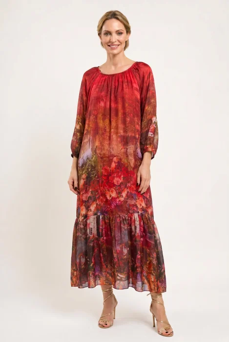 Rochie lunga din matase si vascoza, cu imprimeu floral artistic, rosie