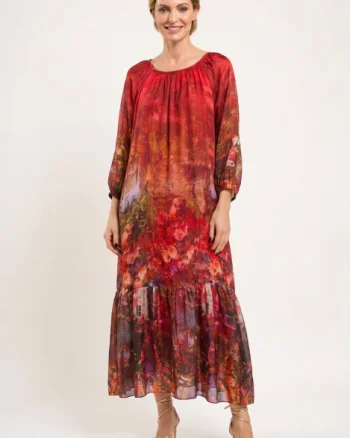 Rochie lunga din matase si vascoza, cu imprimeu floral artistic, rosie