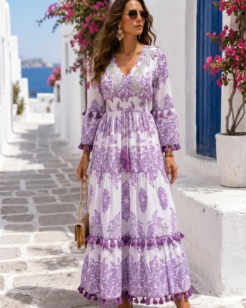 Rochie lunga inspirata de ceramica siciliana si farmecul Mediteranei, mov