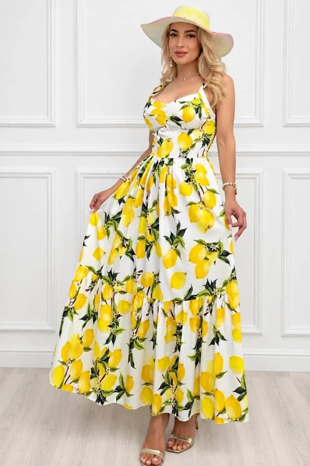Rochie lunga in clos MELANIA, cupe buretate si imprimeu fructat, Galben, Marime S/M/L
