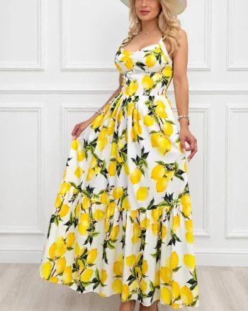 Rochie lunga in clos MELANIA, cupe buretate si imprimeu fructat, Galben, Marime S/M/L
