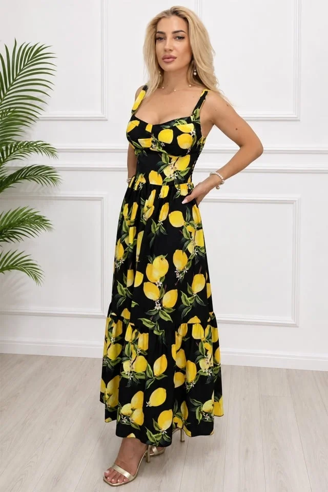 Rochie lunga in clos MELANIA, cupe buretate si imprimeu fructat, Negru, Marime S/M/L