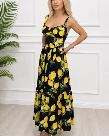 Rochie lunga in clos MELANIA, cupe buretate si imprimeu fructat, Negru, Marime S/M/L