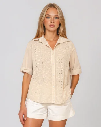 Cămașă cu broderie în partea din față beige - Unica S-L