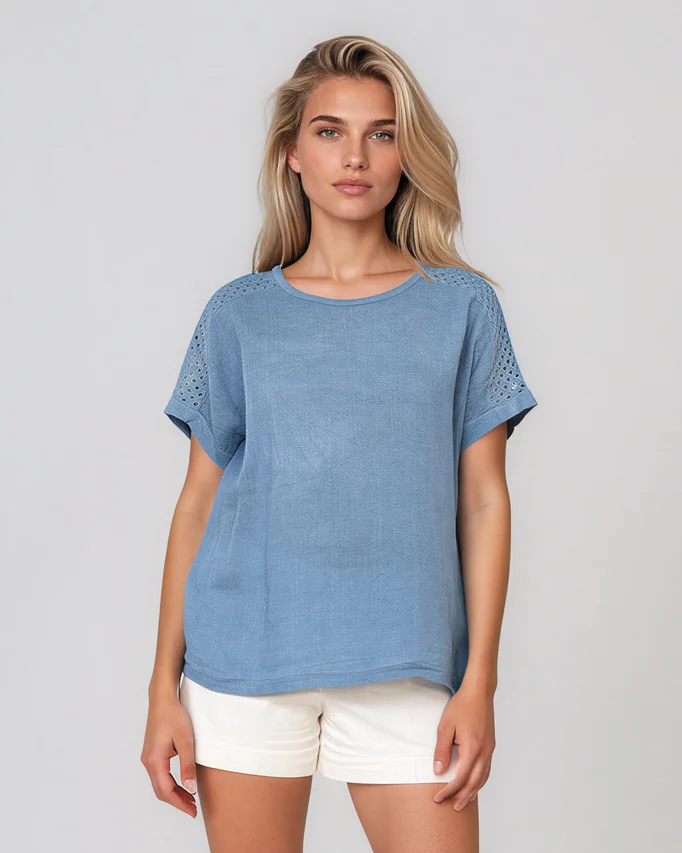Bluză cu față din in și broderie pe umeri albastru-jeans - Unica S-L
