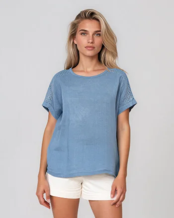 Bluză cu față din in și broderie pe umeri albastru-jeans - Unica S-L