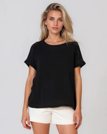 Bluză cu față din in și broderie pe umeri negru - Unica S-L