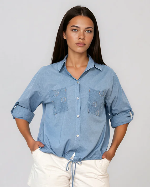 Cămașă cu buzunare din plasă și paiete albastru-jeans - Unica S-L
