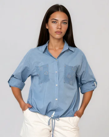 Cămașă cu buzunare din plasă și paiete albastru-jeans - Unica S-L