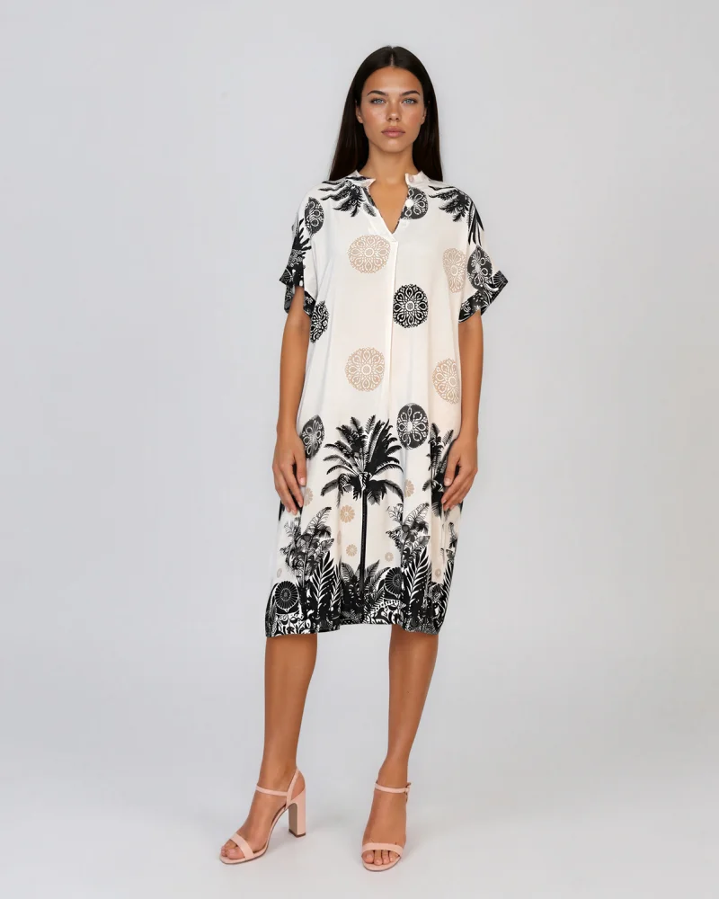 Rochie midi tip tunică din vâscoză cu print tropical cu palmieri negru - Unica S-L