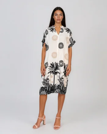 Rochie midi tip tunică din vâscoză cu print tropical cu palmieri negru - Unica S-L
