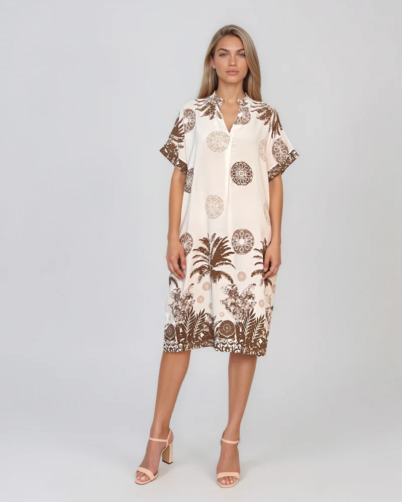 Rochie midi tip tunică din vâscoză cu print tropical cu palmieri maro - Unica S-L