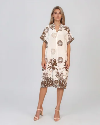 Rochie midi tip tunică din vâscoză cu print tropical cu palmieri maro - Unica S-L