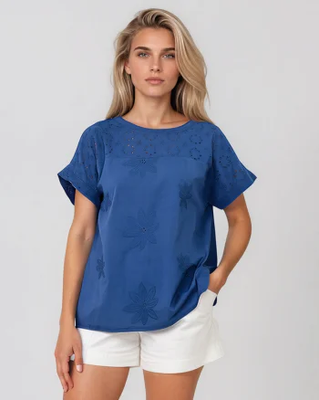 Bluză cu broderie spartă pe umeri albastru - Unica S-L