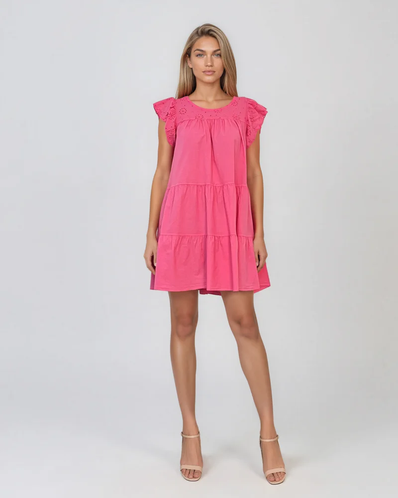Rochie babydoll din bumbac cu bust brodat și volane ciclam - Unica S-L