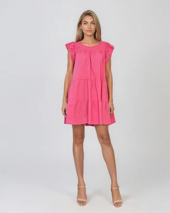 Rochie babydoll din bumbac cu bust brodat și volane ciclam - Unica S-L