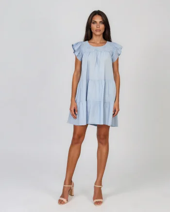Rochie babydoll din bumbac cu bust brodat și volane bleu - Unica S-L