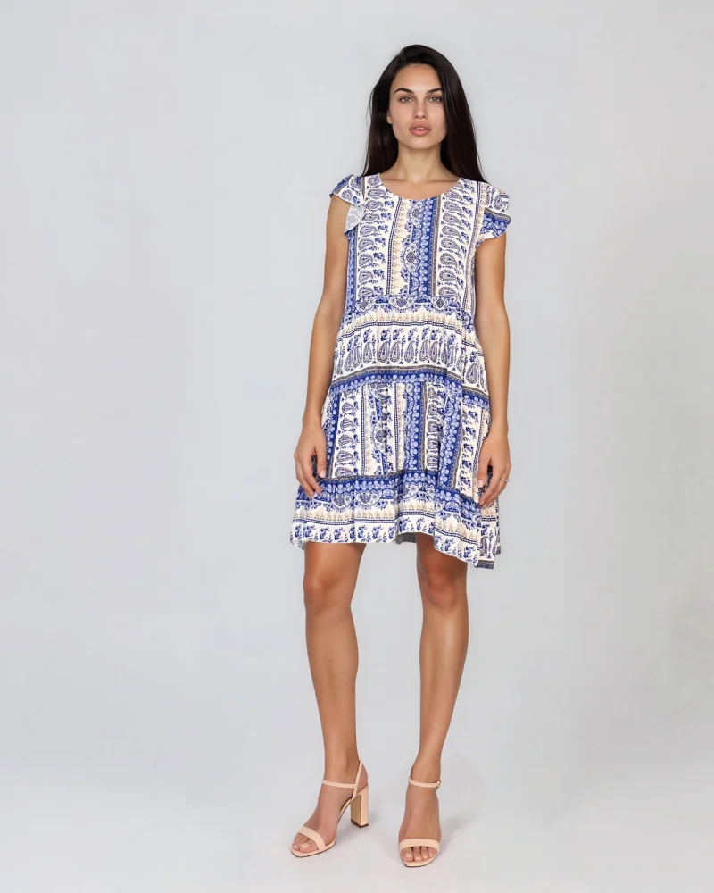 Rochie babydoll din vâscoză  cu print oriental și volane albastru - Unica S-L