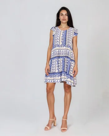 Rochie babydoll din vâscoză  cu print oriental și volane albastru - Unica S-L