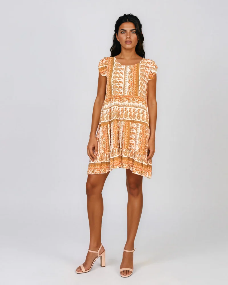 Rochie babydoll din vâscoză  cu print oriental și volane caramiziu - Unica S-L
