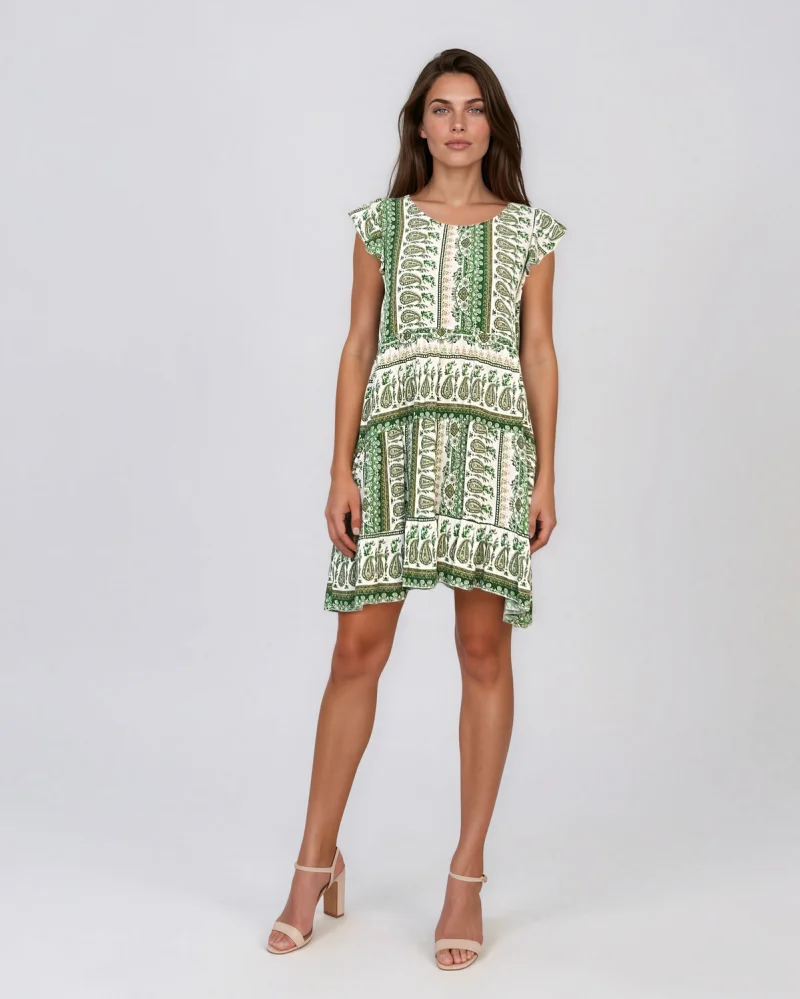 Rochie babydoll din vâscoză  cu print oriental și volane verde - Unica S-L