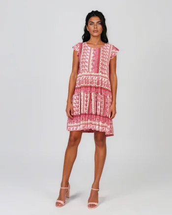 Rochie babydoll din vâscoză  cu print oriental și volane roz - Unica S-L