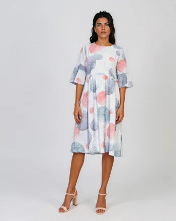 Rochie midi din vâscoză cu imprimeu cu cercuri și funde pe spate bleu - Unica S-L