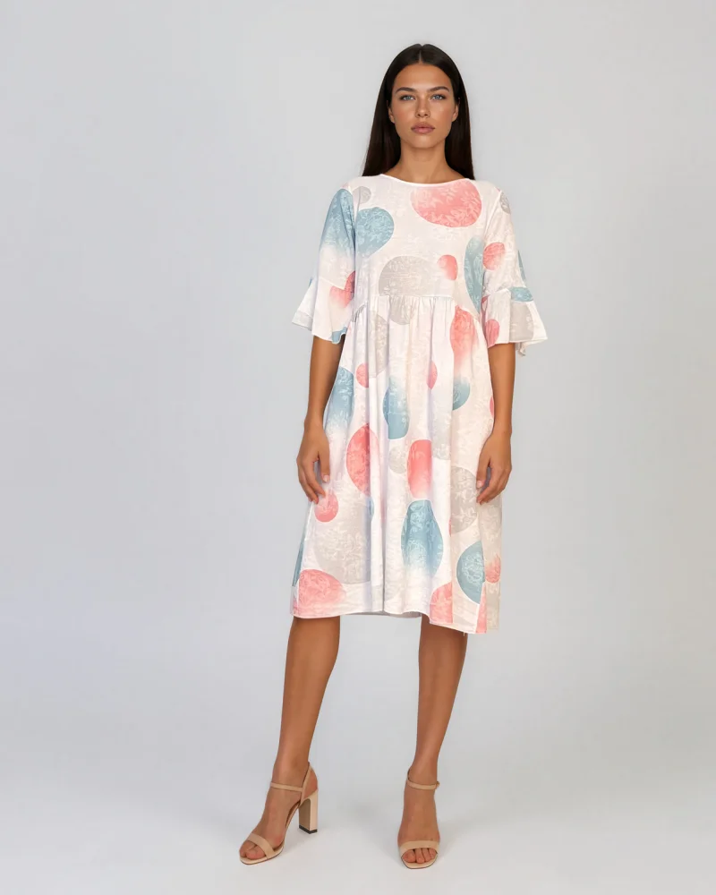 Rochie midi din vâscoză cu imprimeu cu cercuri și funde pe spate alb - Unica S-L