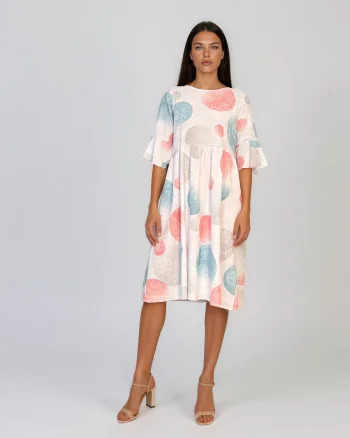 Rochie midi din vâscoză cu imprimeu cu cercuri și funde pe spate alb - Unica S-L