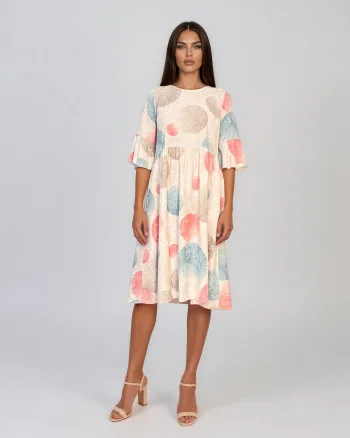 Rochie midi din vâscoză cu imprimeu cu cercuri și funde pe spate crem - Unica S-L