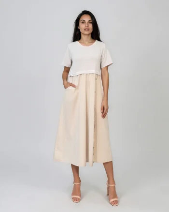 Rochie midi din bumbac cu nasturi laterali și buzunar crem - Unica S-L