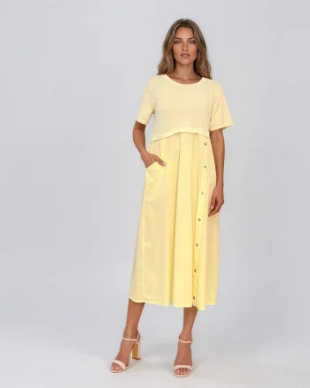Rochie midi din bumbac cu nasturi laterali și buzunar galben - Unica S-L
