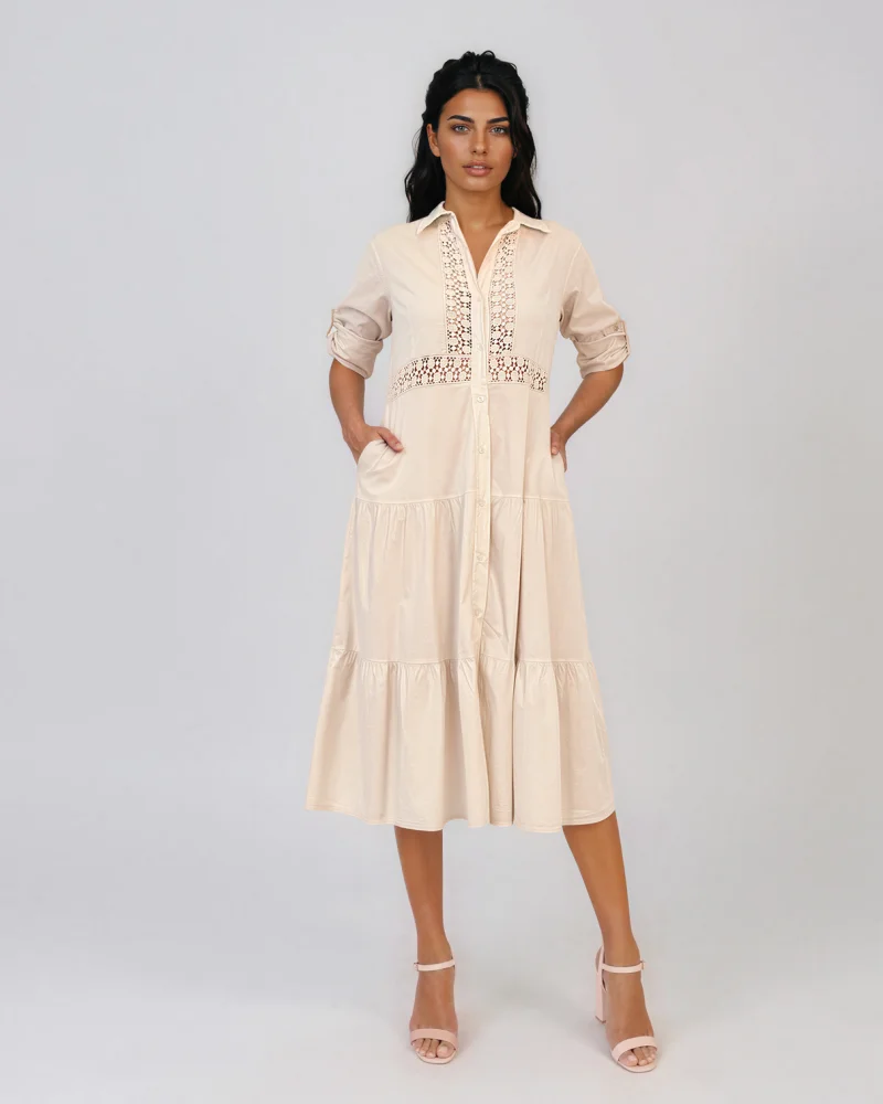 Rochie midi tip cămașă din bumbac cu broderie spartă pe bust și talie crem - Unica S-L