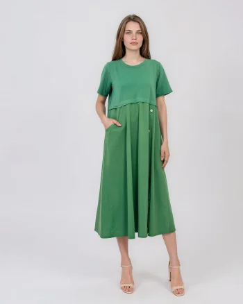 Rochie midi din bumbac cu nasturi laterali și buzunar verde - Unica S-L