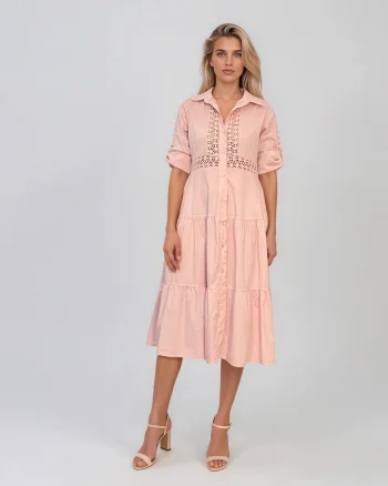 Rochie midi tip cămașă din bumbac cu broderie spartă pe bust și talie roz - Unica S-L