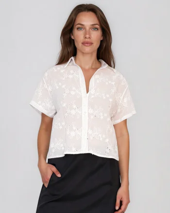 Cămașă cu mânecă scurtă și broderie spartă alb - Unica S-L