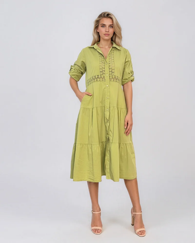 Rochie midi tip cămașă din bumbac cu broderie spartă pe bust și talie vernil - Unica S-L