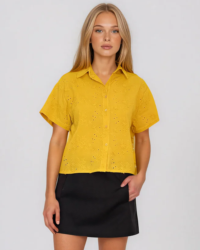 Cămașă cu mânecă scurtă și broderie spartă mustar - Unica S-L