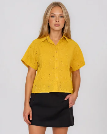 Cămașă cu mânecă scurtă și broderie spartă mustar - Unica S-L