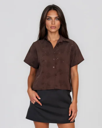 Cămașă cu mânecă scurtă și broderie spartă maro - Unica S-L