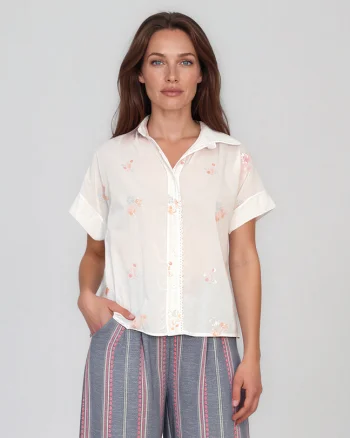 Cămașă cu mânecă scurtă și broderie din paiete alb - Unica S-L