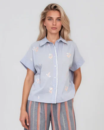 Cămașă cu mânecă scurtă și broderie din paiete bleu - Unica S-L