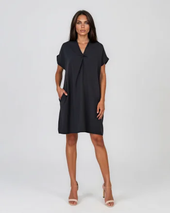 Rochie casual cu nod în piept și buzunare bleumarin - Unica S-L