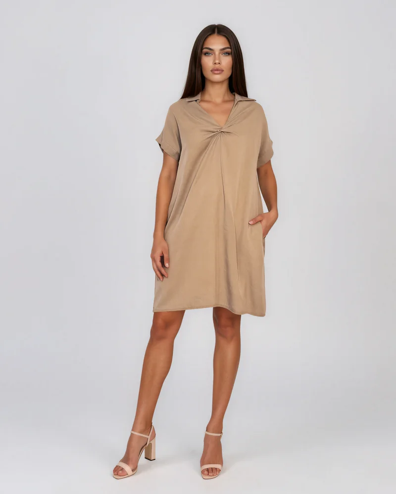 Rochie casual cu nod în piept și buzunare beige - Unica S-L